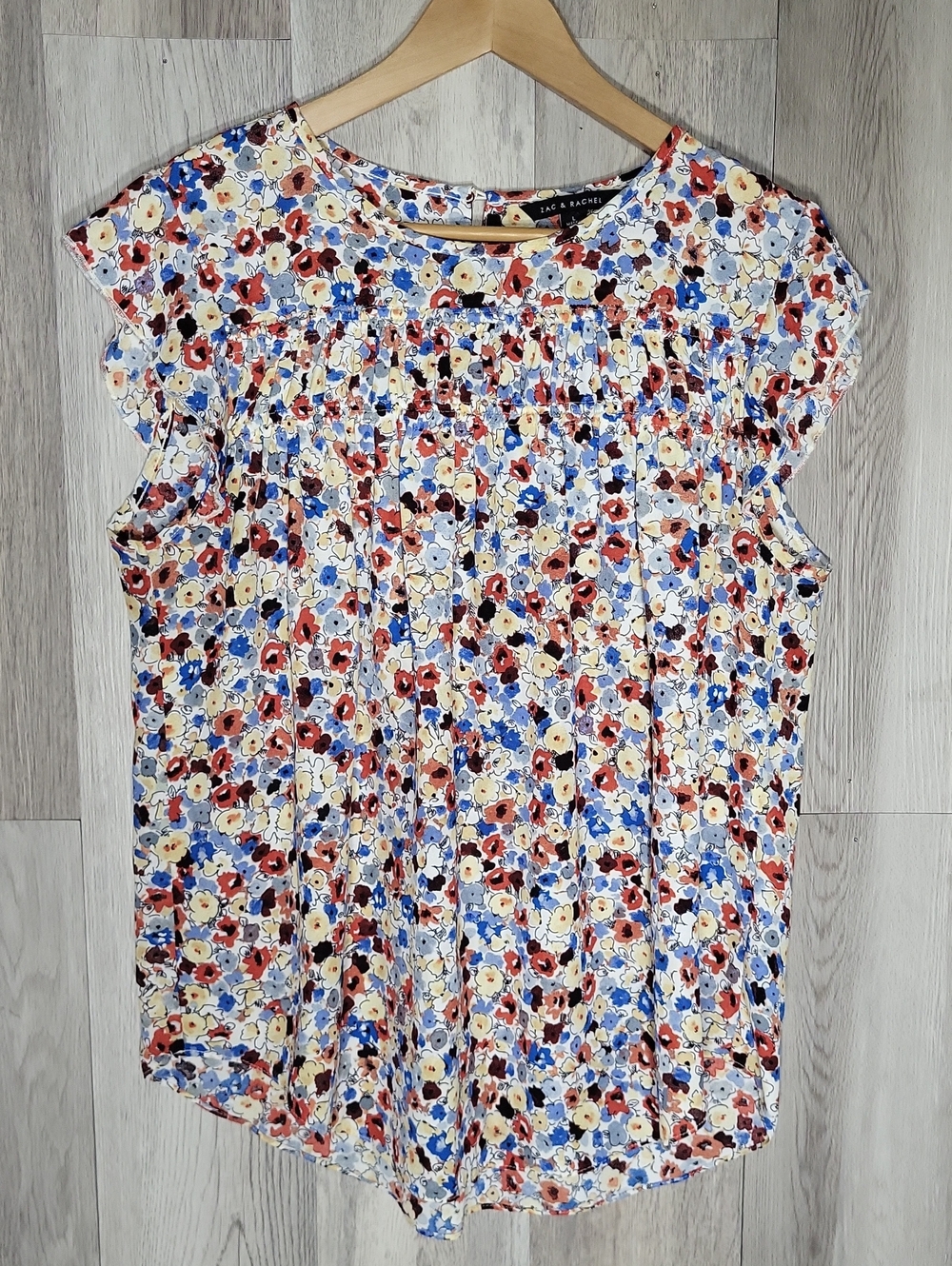 Zac & Rachel Womens L Floral Flutter Sleeve Keyhole Blouse Multicolor Smocked